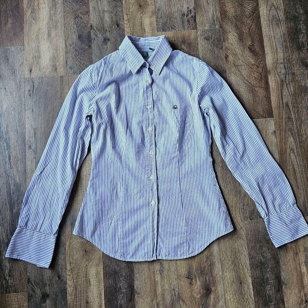Benetton Stripe Button Down Shirt White Navy  Blue Long Sleeve Cotton Italy XS